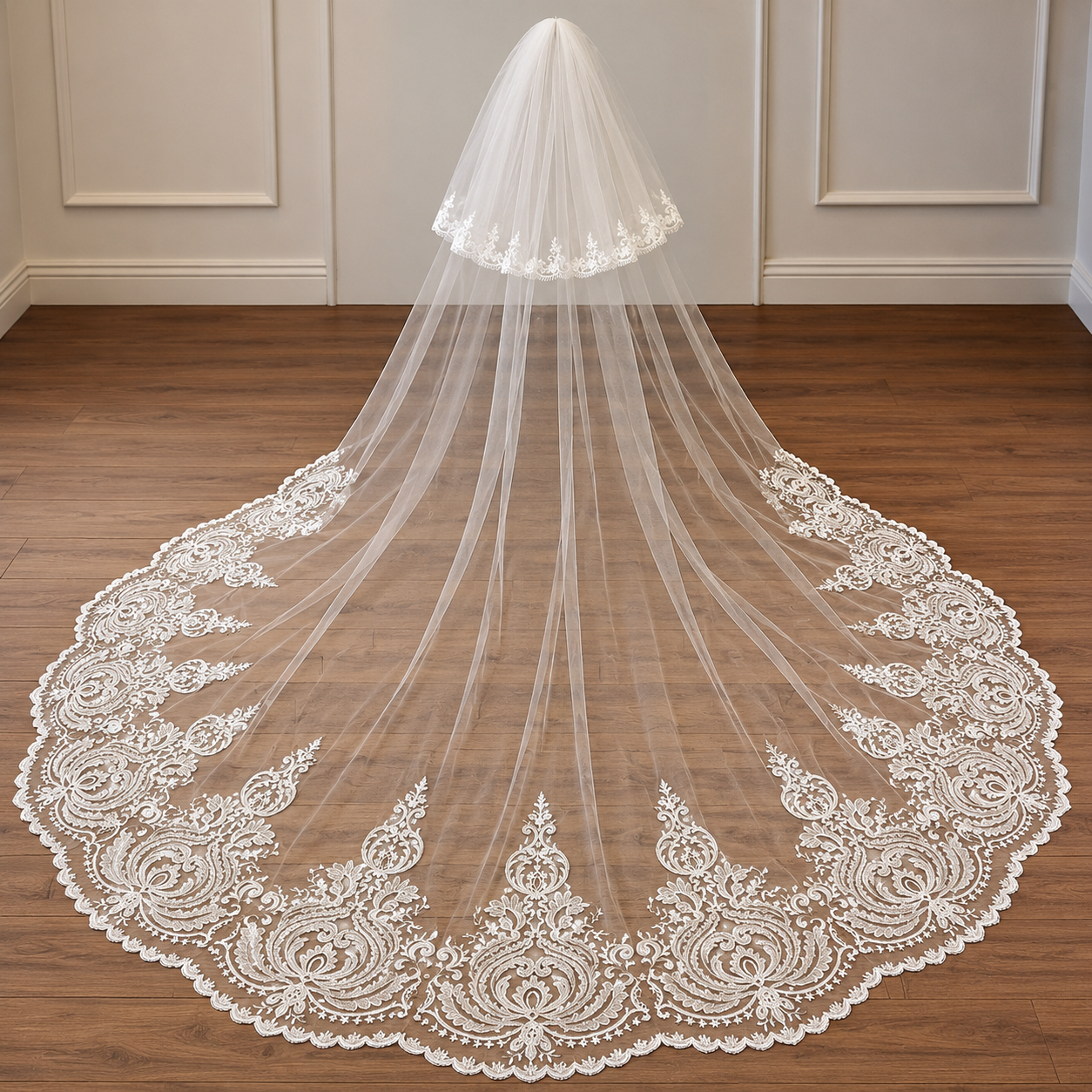 Front view of Cathedral Bridal Veil draped over model — GownLink GLV7