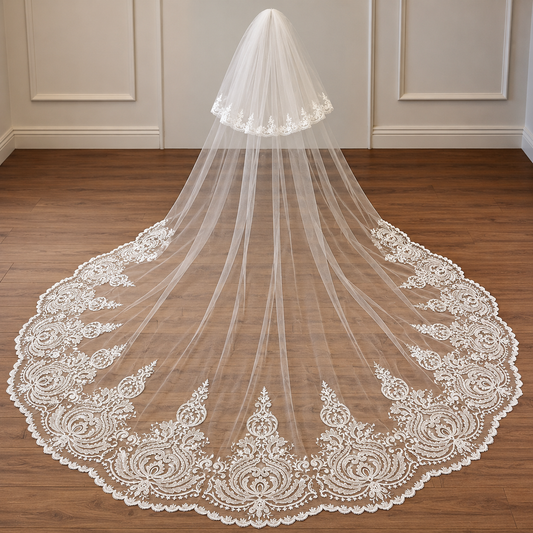Gownlink's  Radiant Elegance Cathedral White Long 2 Layer Bridal Veil For Christian & Catholic Wedding GLV7