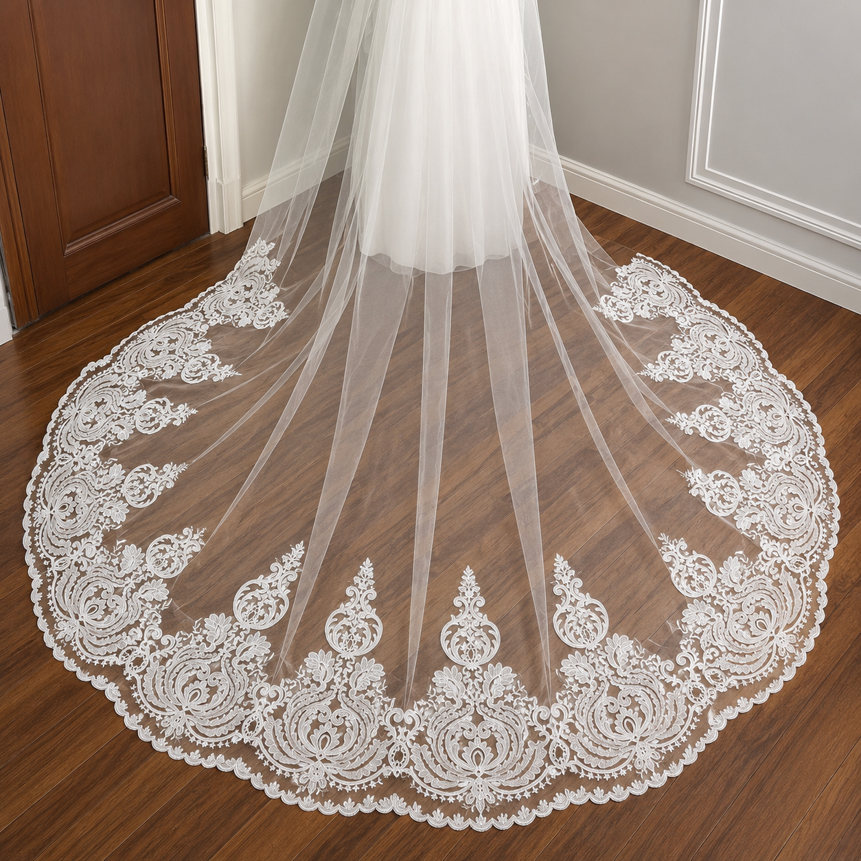 Model wearing Cathedral Bridal Veil with bridal gown — GownLink GLV7