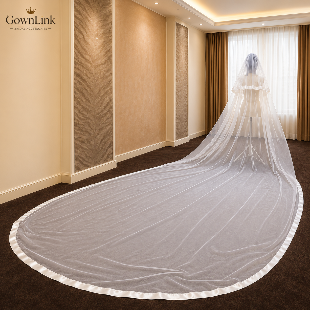 Front view of Long Bridal Veil draped over model — GownLink GLVL