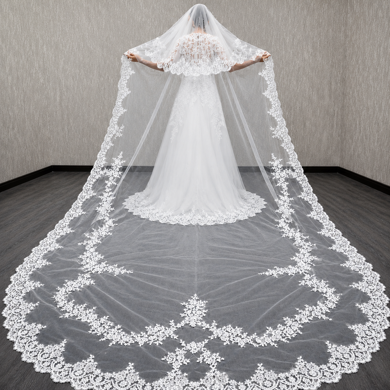 Back view of Cathedral Bridal Veil showing full length and drape — GownLink CATHEDRAL