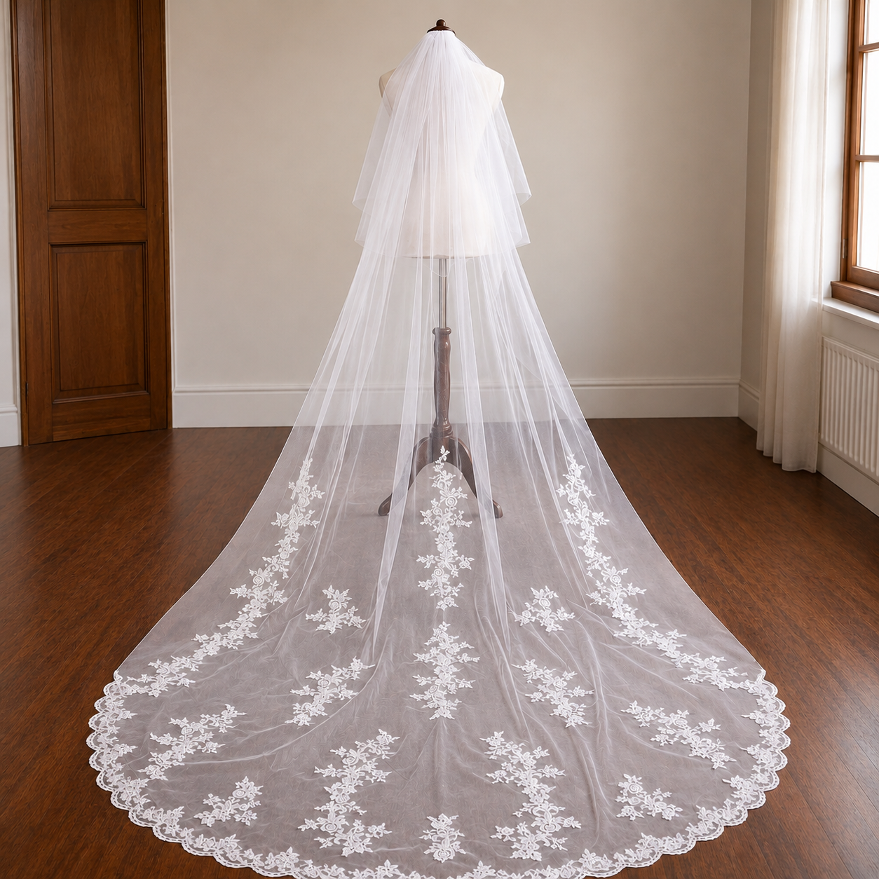 Front view of Cathedral Bridal Veil draped over model — GownLink GLVHL53