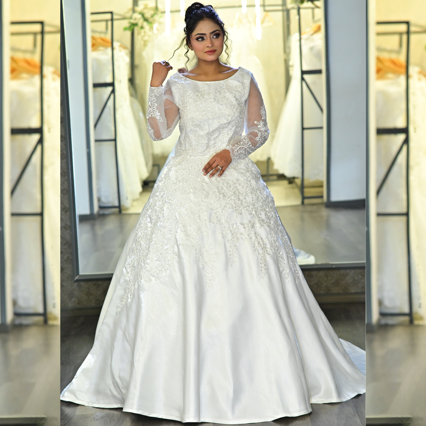Close-up of lace and fabric detail on White Bridal Gown Satin with Train — GownLink GLHMST7