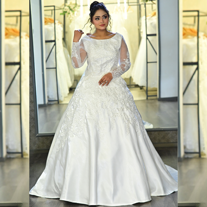 Close-up of lace and fabric detail on White Bridal Gown Satin with Train — GownLink GLHMST7
