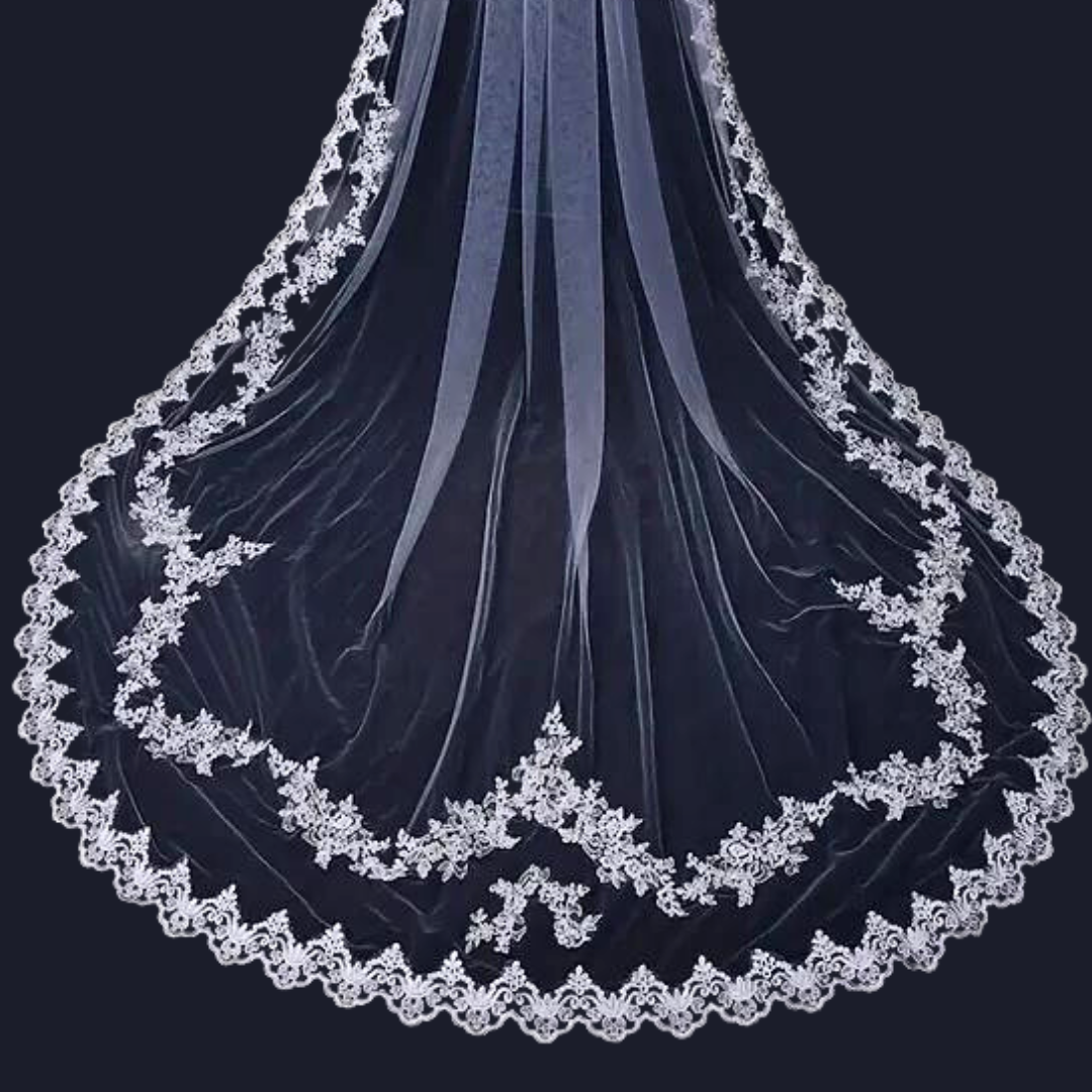 Side view of Cathedral Bridal Veil with comb attachment visible — GownLink CATHEDRAL