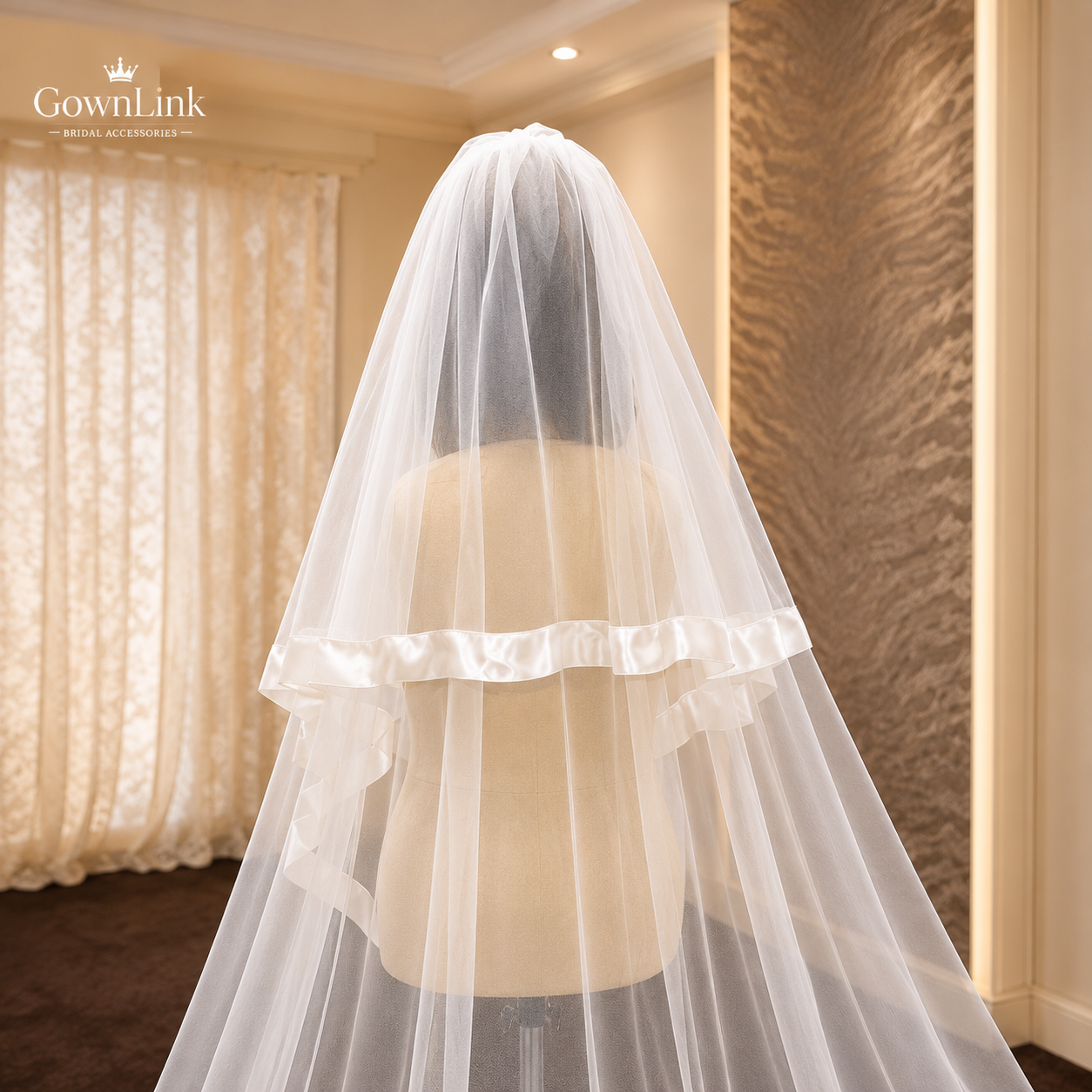 Side view of Long Bridal Veil with comb attachment visible — GownLink GLVL