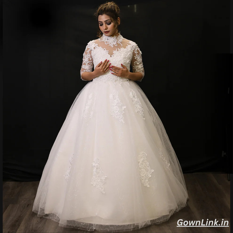 GownLink White Church Wedding Gown with High Neck and Cathedral Ball Gown GLD68B