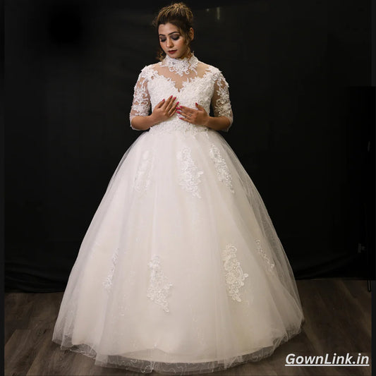 GownLink White Church Wedding Gown with High Neck and Cathedral Ball Gown GLD68B