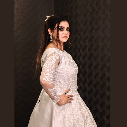 Sleeve detail close-up on White Bridal Gown Satin with Train — GownLink GLHMST7