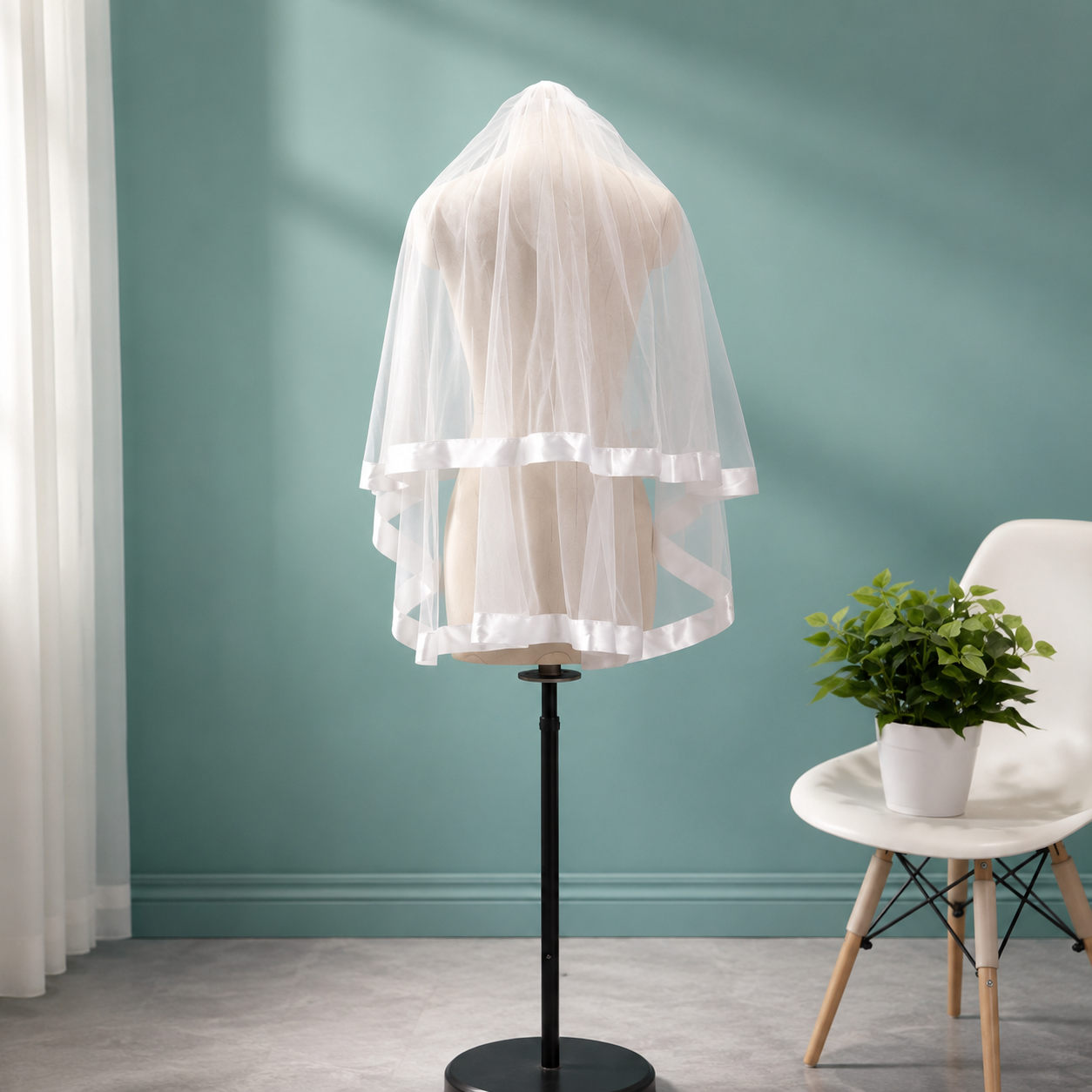 Front view of Short Bridal Veil draped over model — GownLink GLVL