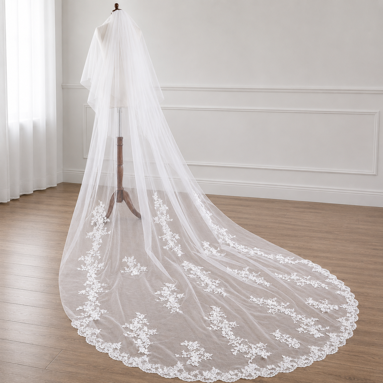 Side view of Cathedral Bridal Veil with comb attachment visible — GownLink GLVHL53