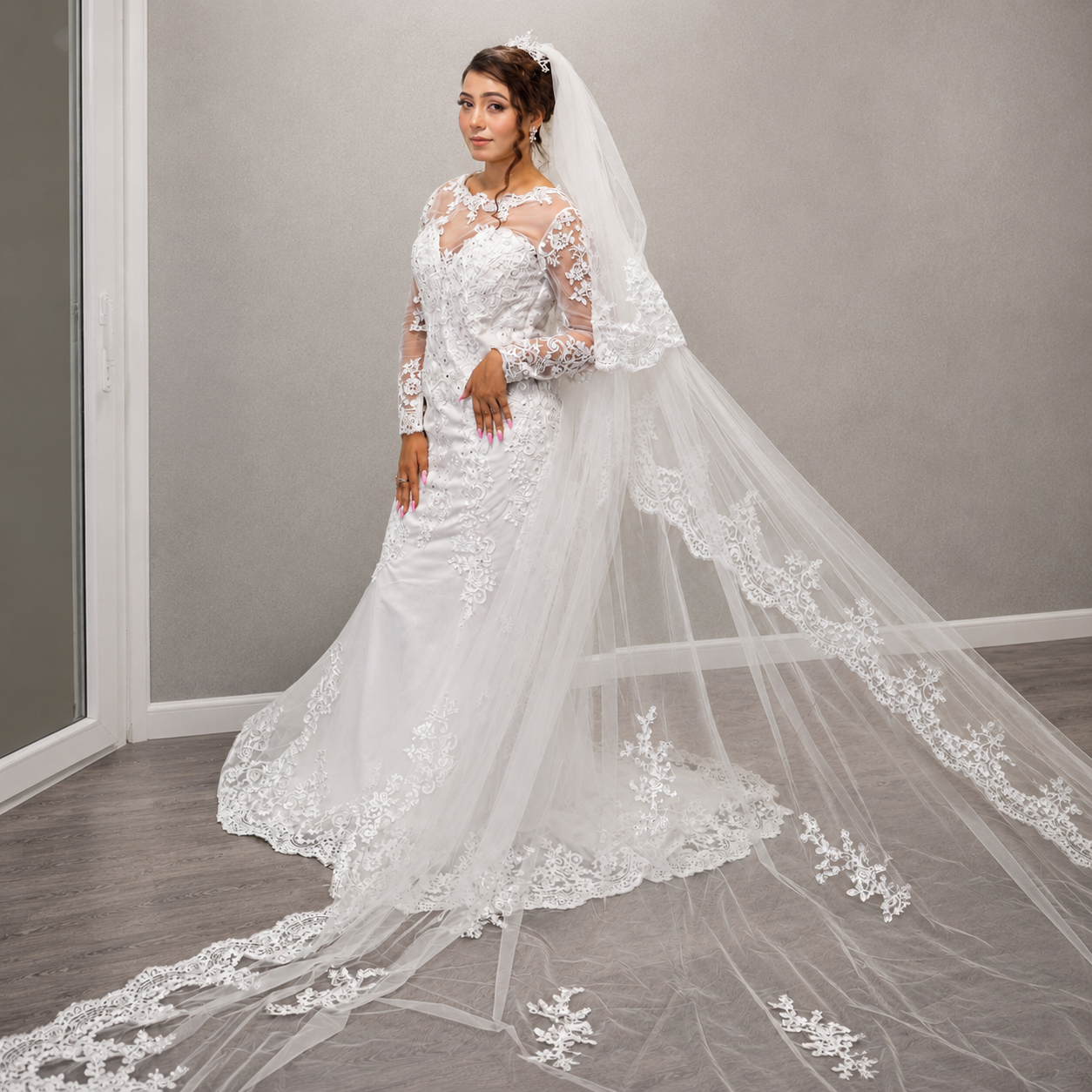 Front view of Long Bridal Veil draped over model — GownLink GLVAL038W