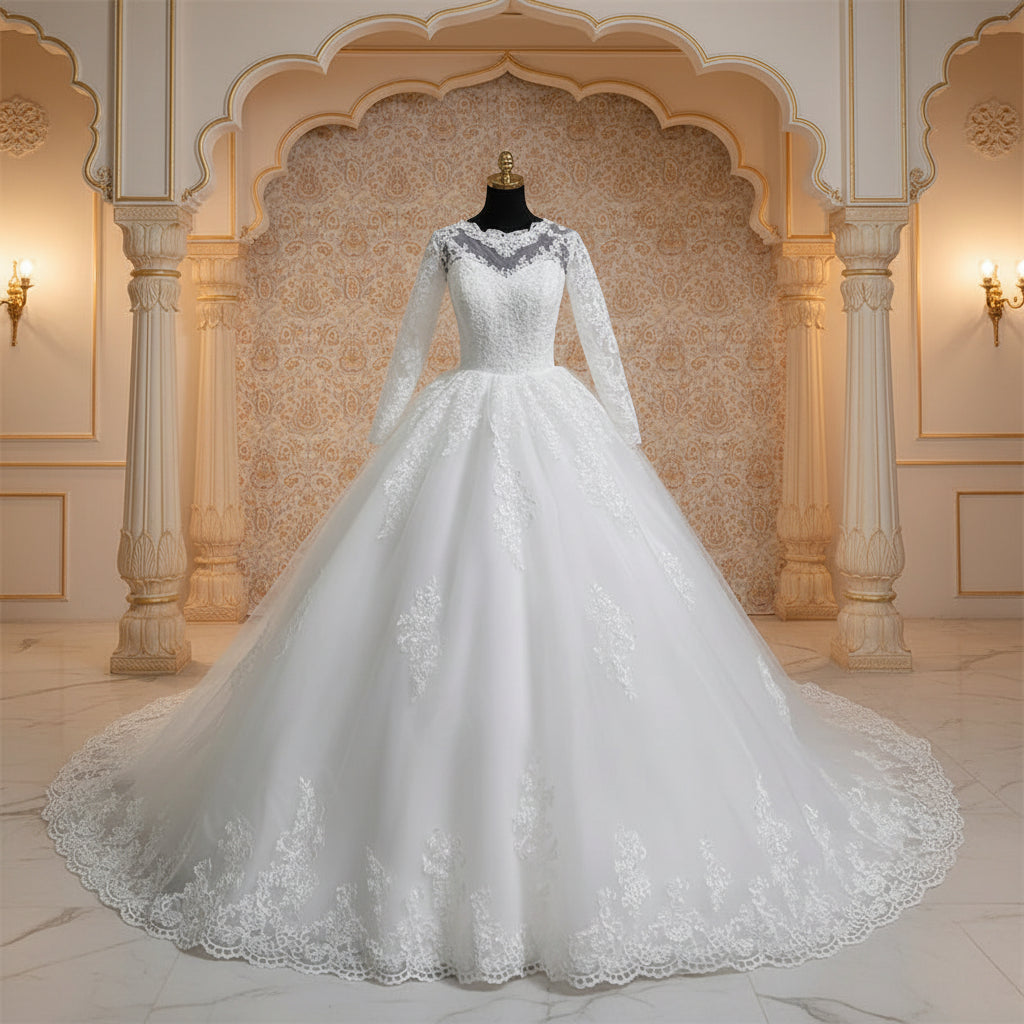 GownLink Classic White A-Line Bridal Gown with Full Sleeves and Long Train Style GLR015