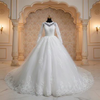GownLink Classic White A-Line Bridal Gown with Full Sleeves and Long Train Style GLR015