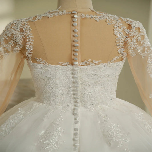 GownLink Stunning Train Gown White Church Wedding Gown with Beaded Lace GLGT009