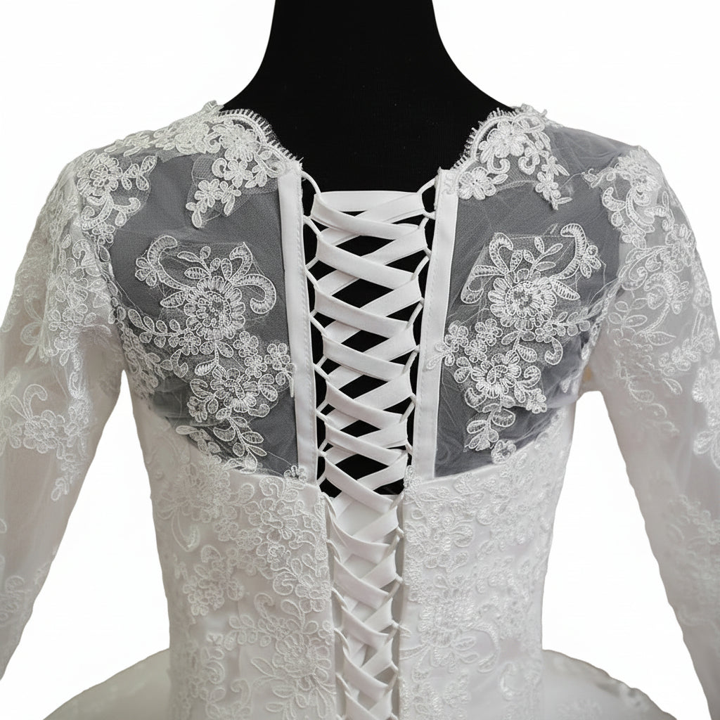 GownLink Classic White A-Line Bridal Gown with Full Sleeves and Long Train Style GLR015