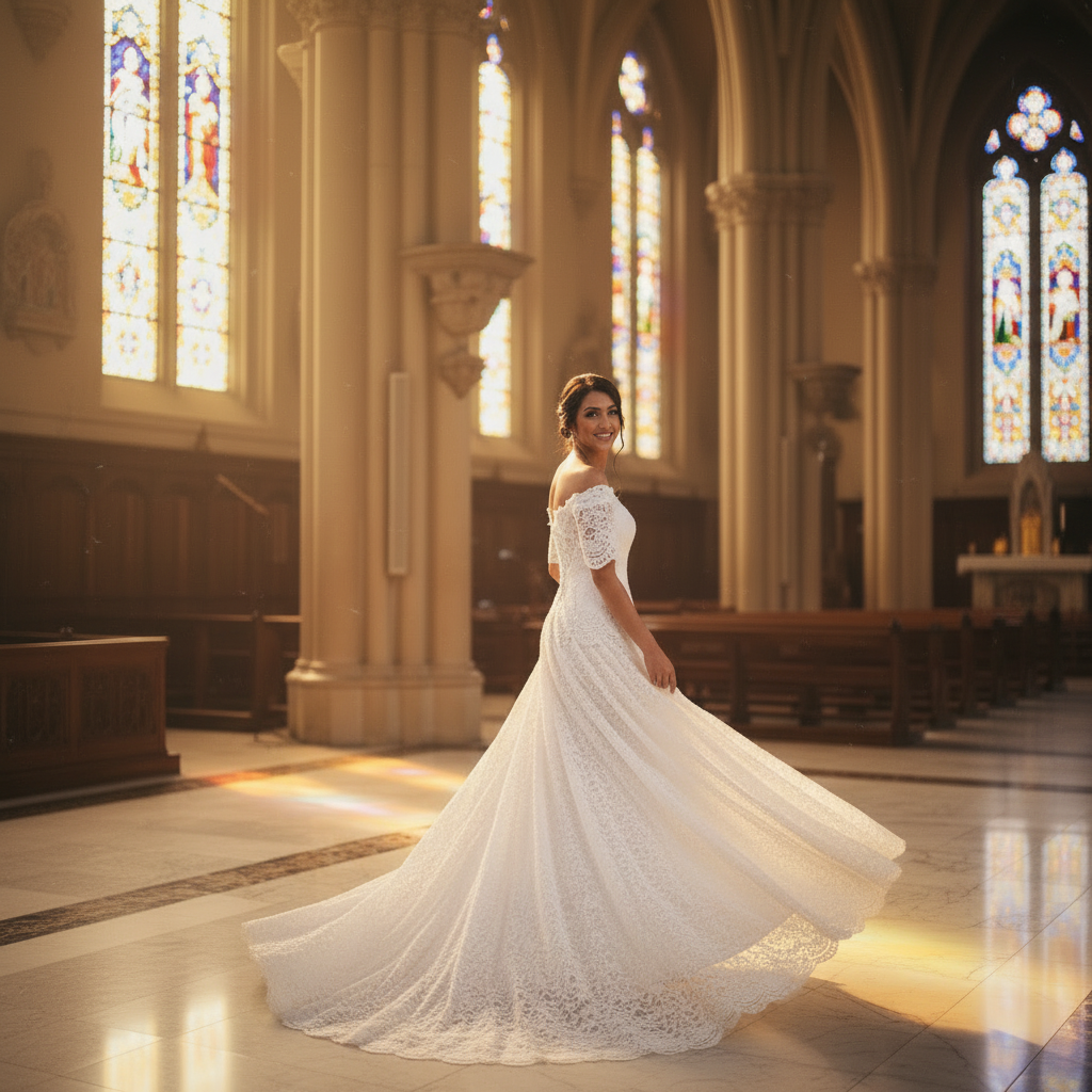 GownLink Mermaid Wedding Gown with Sleeves Christian & Catholic A- Line Bridal Dress for Church Ceremony GL8646T