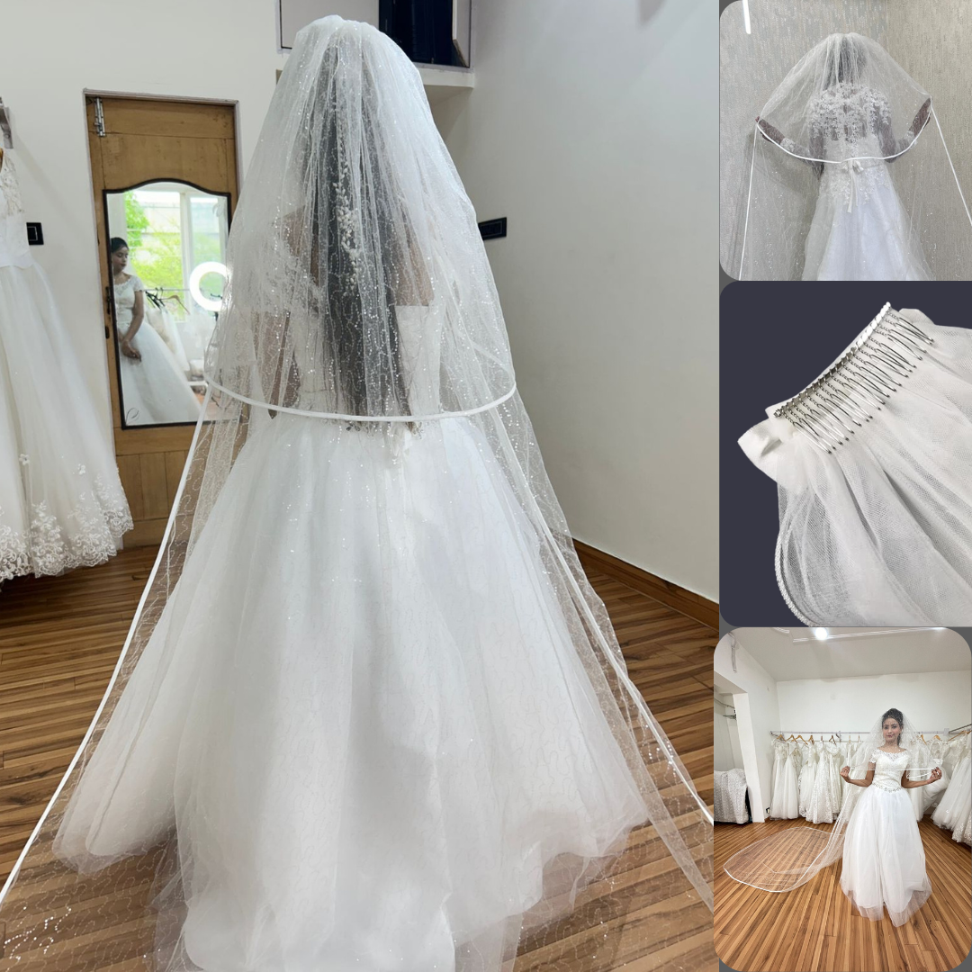 Model wearing Cathedral Bridal Veil with bridal gown — GownLink GLVHS14