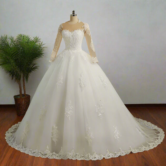 GownLink Stunning Train Gown White Church Wedding Gown with Beaded Lace GLGT009