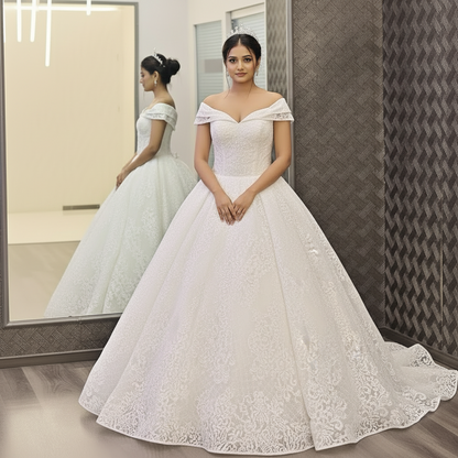 GownLink White Christian Catholic Church Wedding Sparkle Off Shoulder Bridal Train Gown GLGT1088T