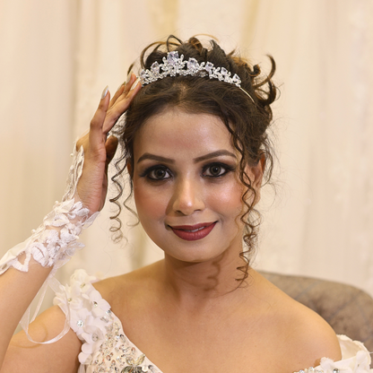 White and silver bridal crown for church wedding in Goa