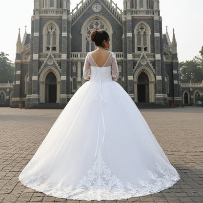 GownLink’s Luxury Bridal Ball Gown for Christian & Catholic Weddings Designer White Princess Wedding Dress with Transparent Full Lace Sleeves & Elegant Royal Flare-GLGF074