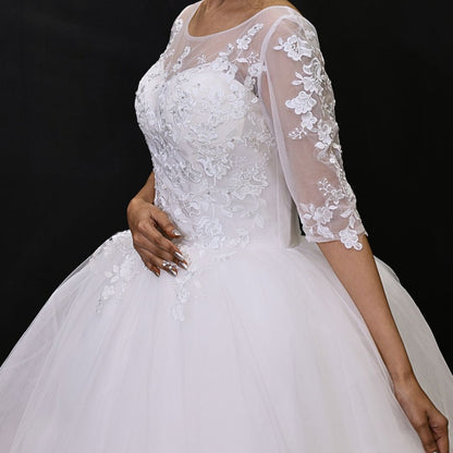GownLink’s Luxury Bridal Ball Gown for Christian & Catholic Weddings Designer White Princess Wedding Dress with Transparent Full Lace Sleeves & Elegant Royal Flare-GLGF074