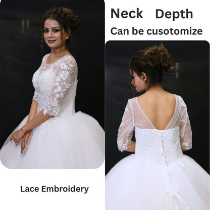 GownLink’s Luxury Bridal Ball Gown for Christian & Catholic Weddings Designer White Princess Wedding Dress with Transparent Full Lace Sleeves & Elegant Royal Flare-GLGF074