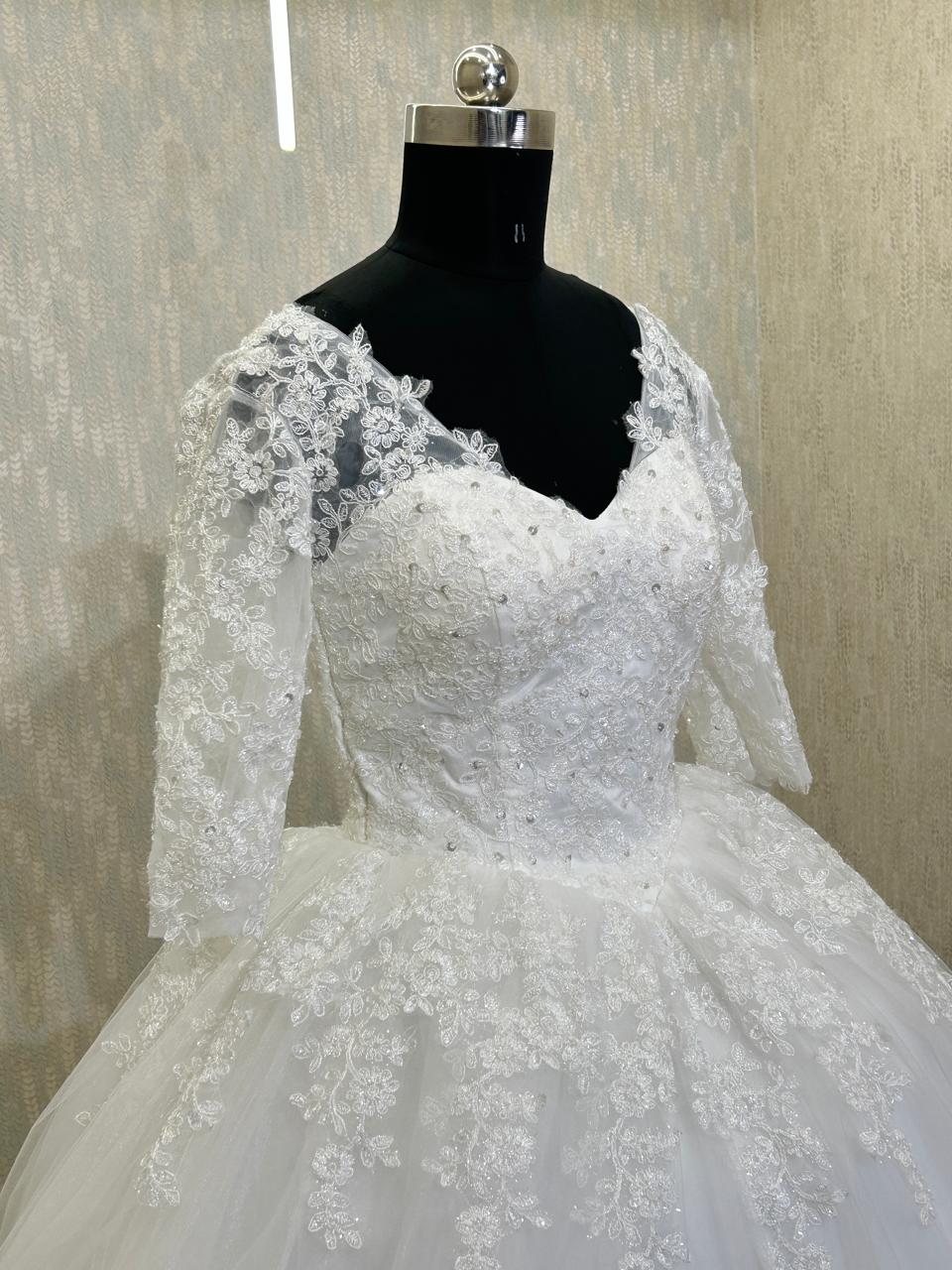Beaded Illusion Plunge Wedding Gown Embroidered Train,  Kandla