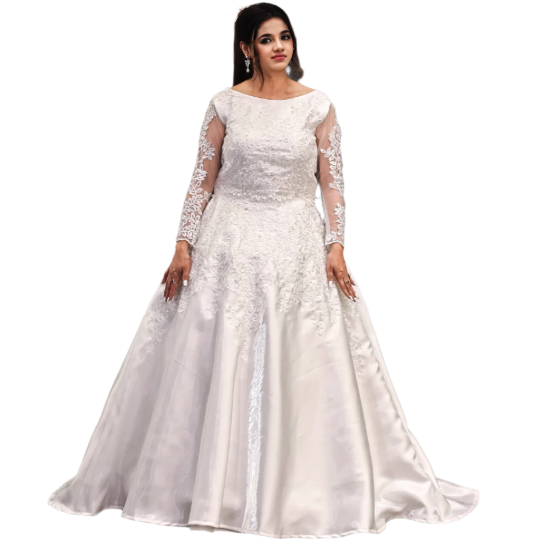Hem and train lace detail on White Bridal Gown Satin with Train — GownLink GLHMST7