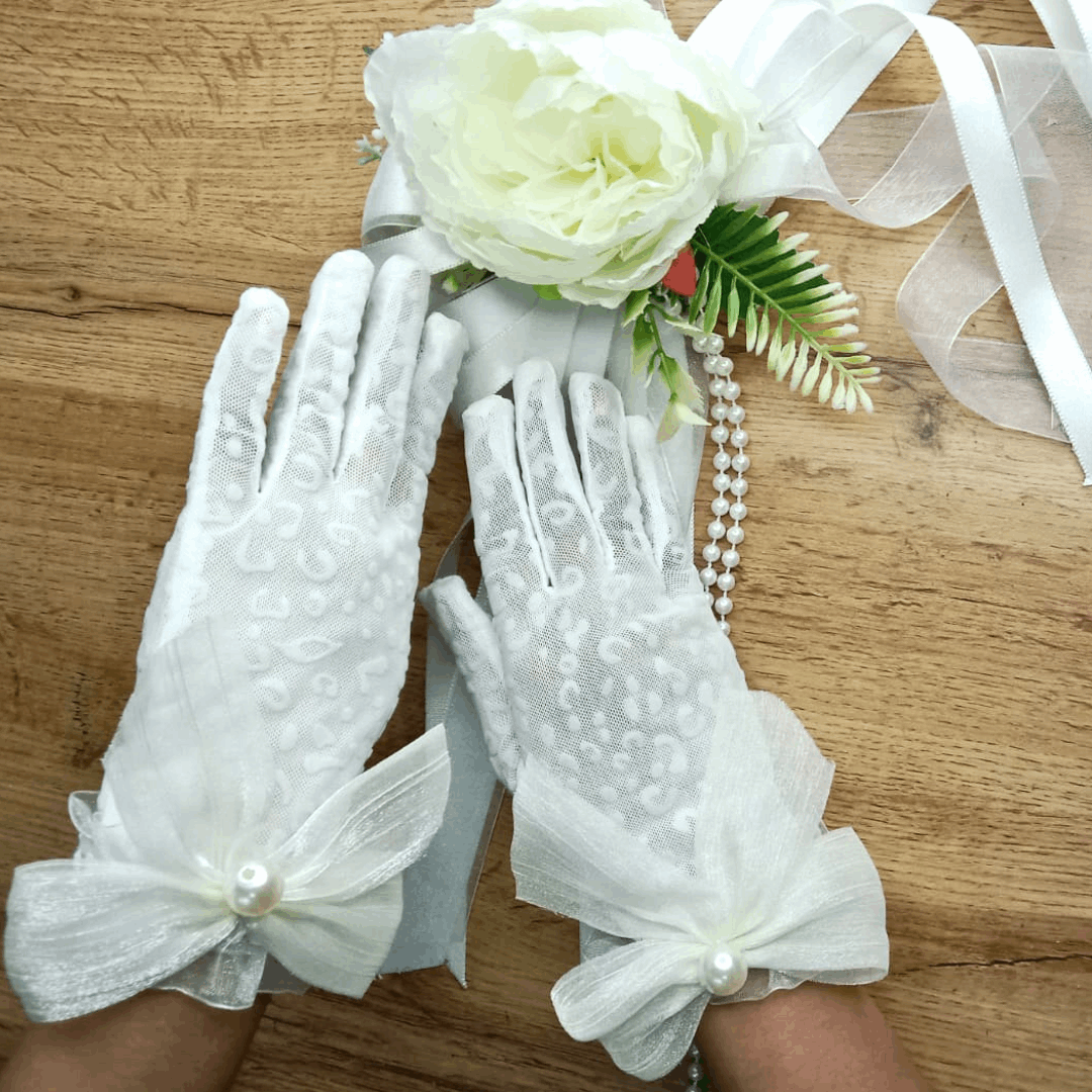 Enchanting Everlast: GownLink's Eternal Elegance Gloves Bedecked with a Lustrous Bow and Pearl Bead G110