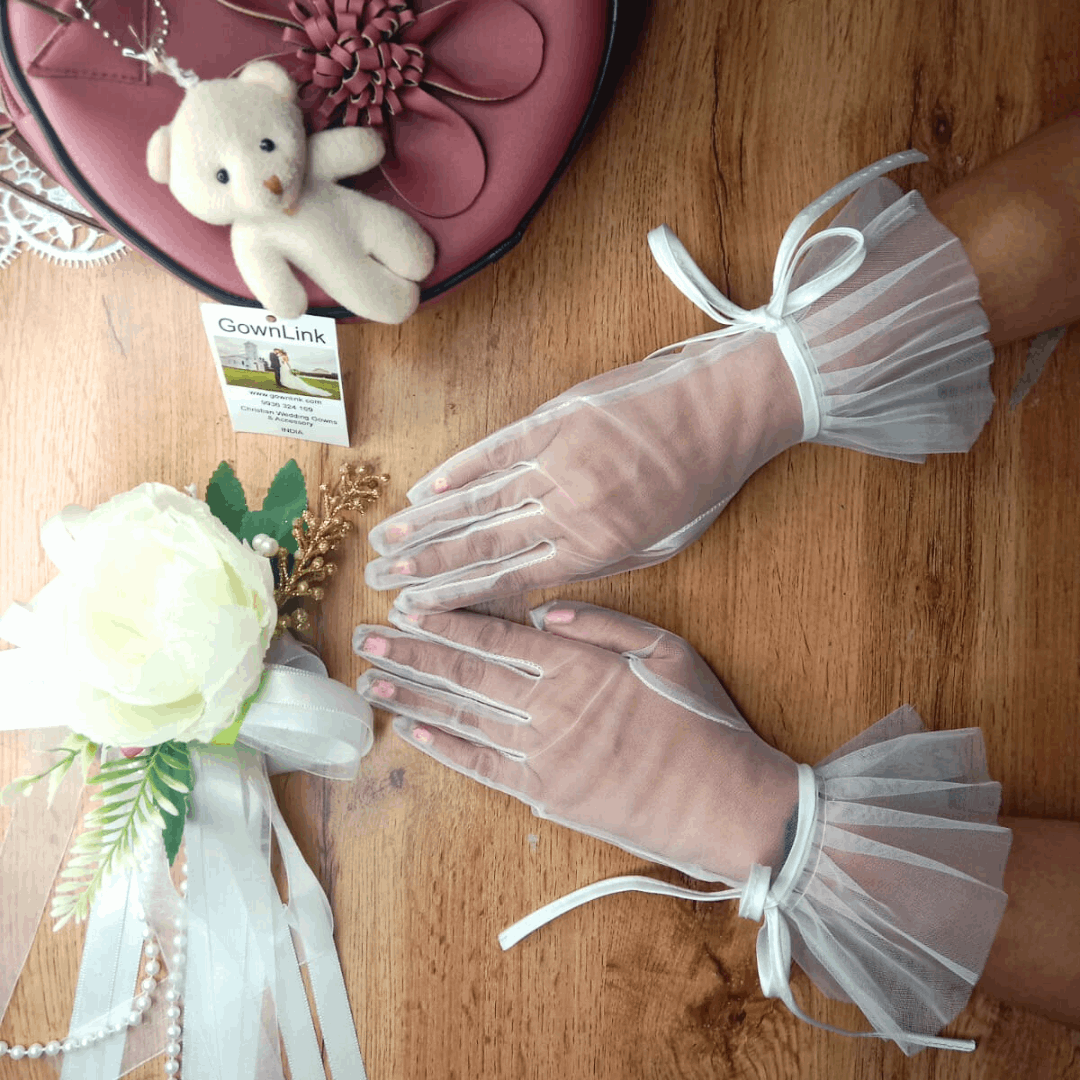 Enchanting Finesse GownLink's Elegant Bridal Gloves Embellished with Satin Ribbon for Christian & Catholic  Wedding G116