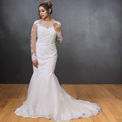 GownLink White Body Fitted Mermaid Wedding Gown with Long Train for Christian & Catholic Brides GL330XFM
