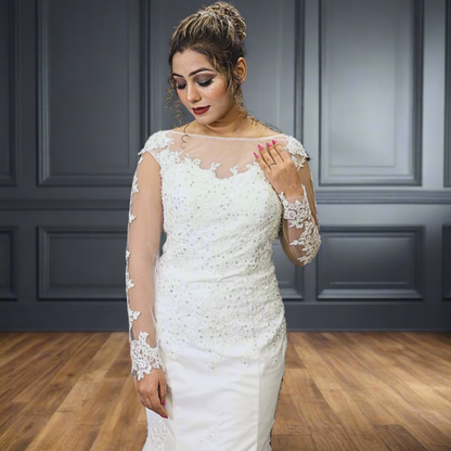 GownLink White Body Fitted Mermaid Wedding Gown with Long Train for Christian & Catholic Brides GL330XFM