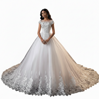 GownLink White Catholic Bridal Train Gown with Beaded Lace for Church Wedding Brides GLHMD16050083T