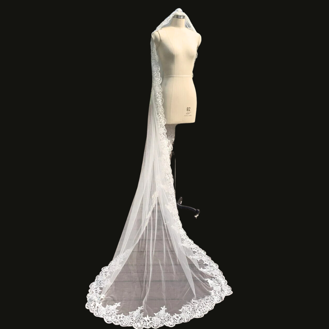 GownLink Long Elegant Bridal Veil, Embellished with Lacework and Comb GLCP5956