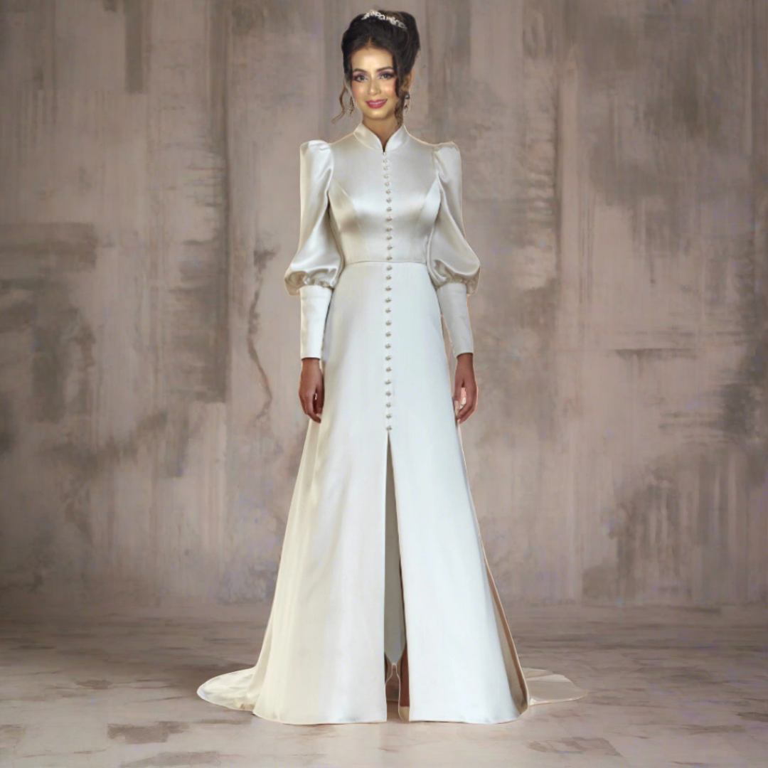 full sleeves white gown