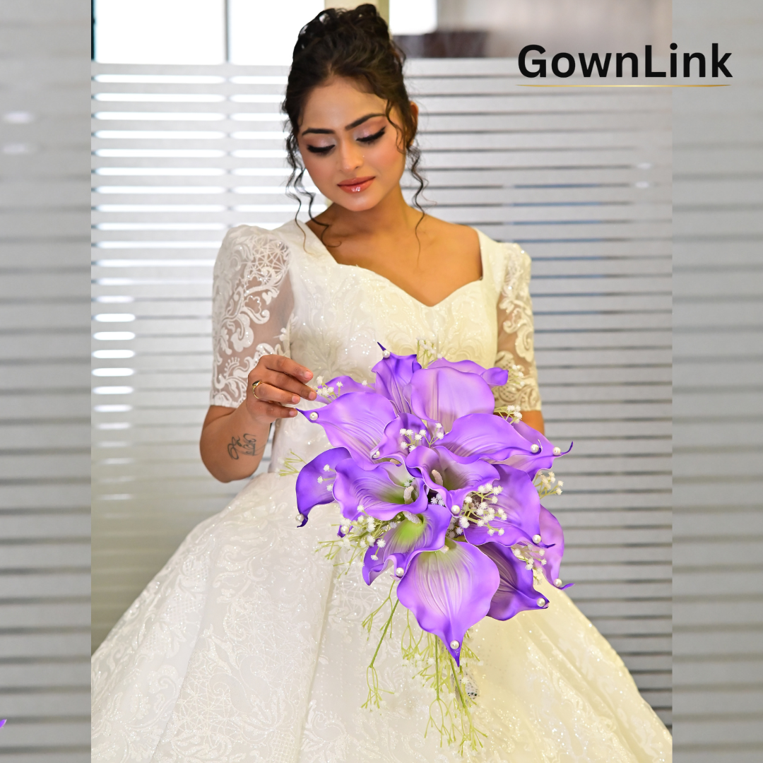 GownLink White and green color Bridal Bouquet B-Purple-1