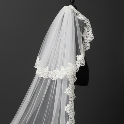 Front view of Long Bridal Veil draped over model — GownLink GLVHL02