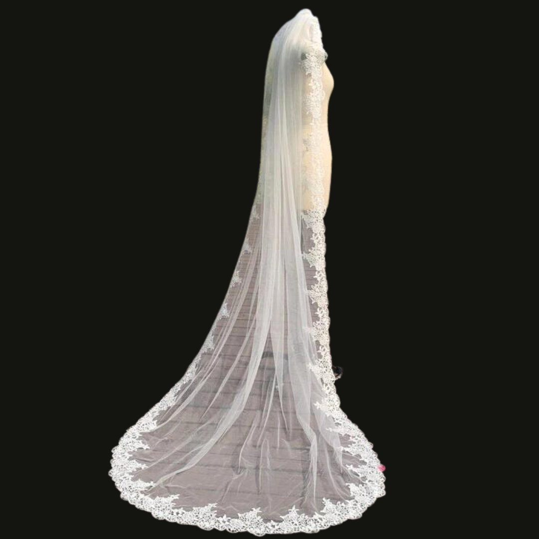 GownLink Long Elegant Bridal Veil, Embellished with Lacework and Comb GLCP5956