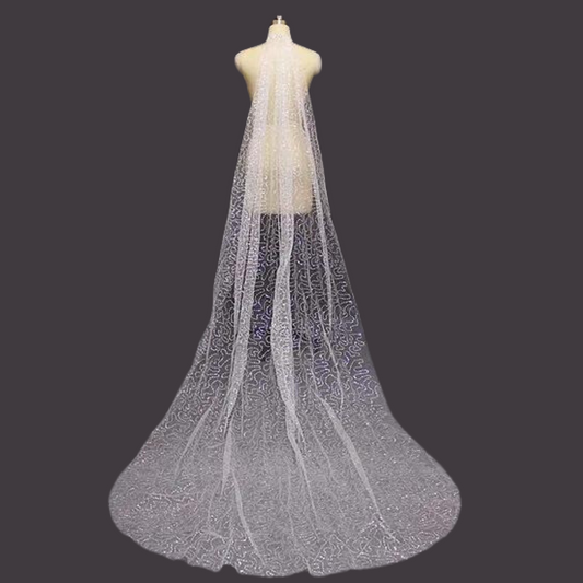 GownLink Sequined Net Cathedral Bridal Long Veil with Front Face Layer & Comb for Christian & Catholic Weddings GLVSEQ1