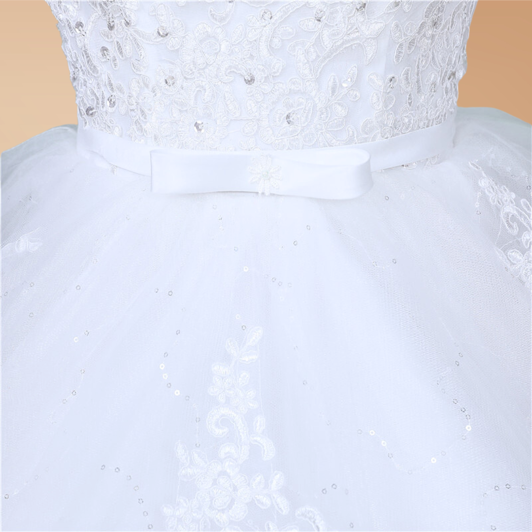 GownLink  Classic White Wedding Gown with Lace Bodice and Long Train-GLHS14T