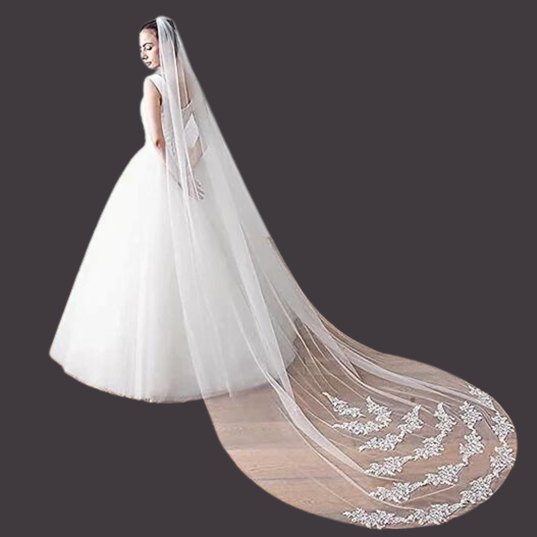 GownLink's Dazzling Grace Cathedral Long Veil with Sequined Patches, Front Face Layer and Comb for Christian & Catholic Weddings GLVHSEQ1