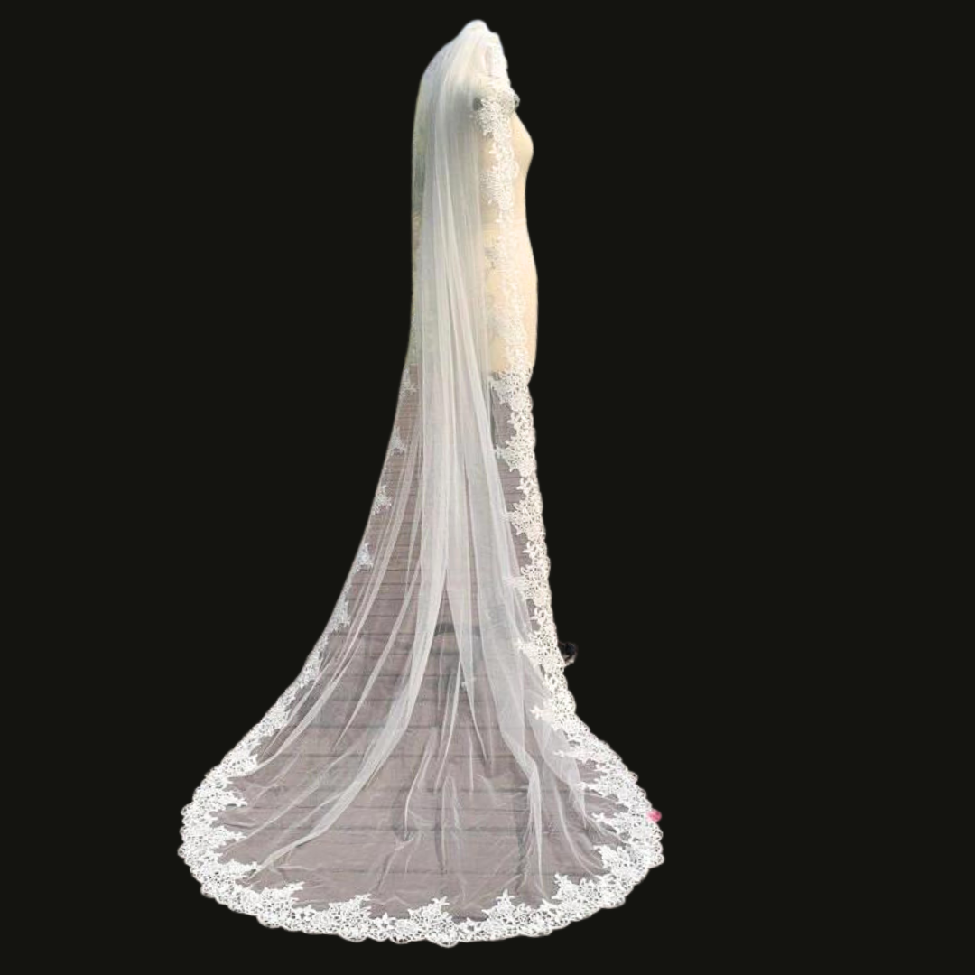 GownLink Long Elegant Bridal Veil, Embellished with Lacework and Comb GLCP5956