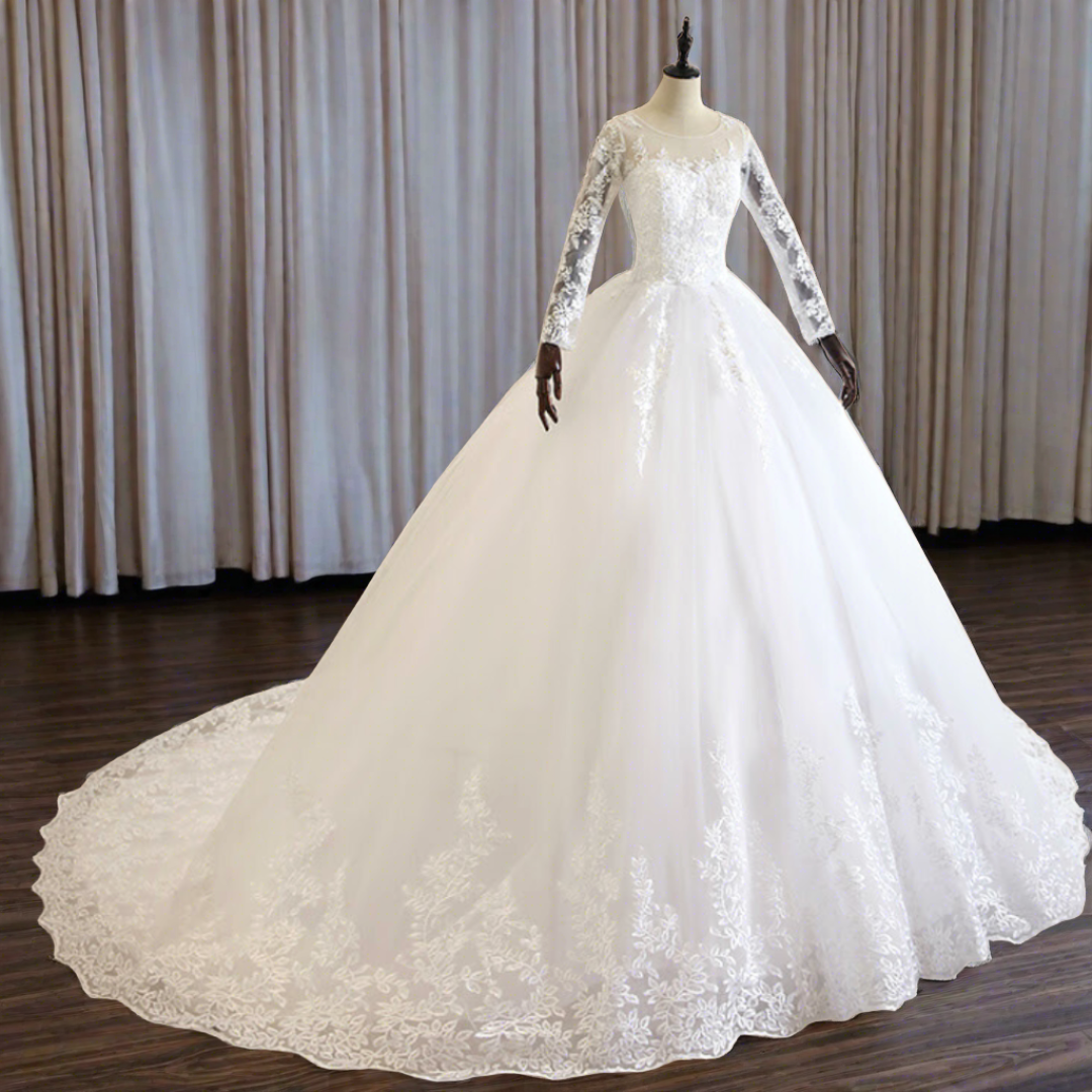 white wedding gown with train