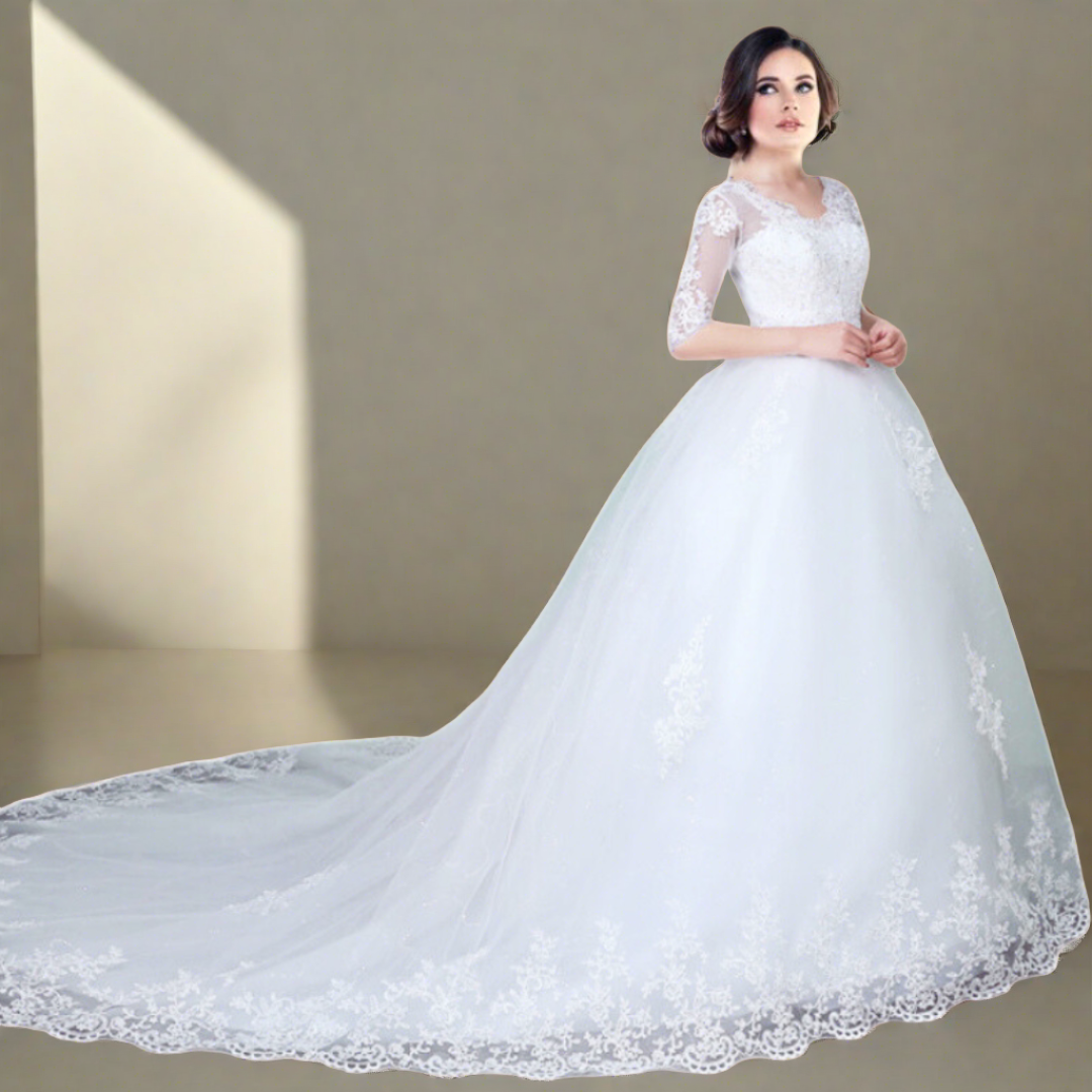 GownLink  Classic White Wedding Gown with Lace Bodice and Long Train-GLHS14T
