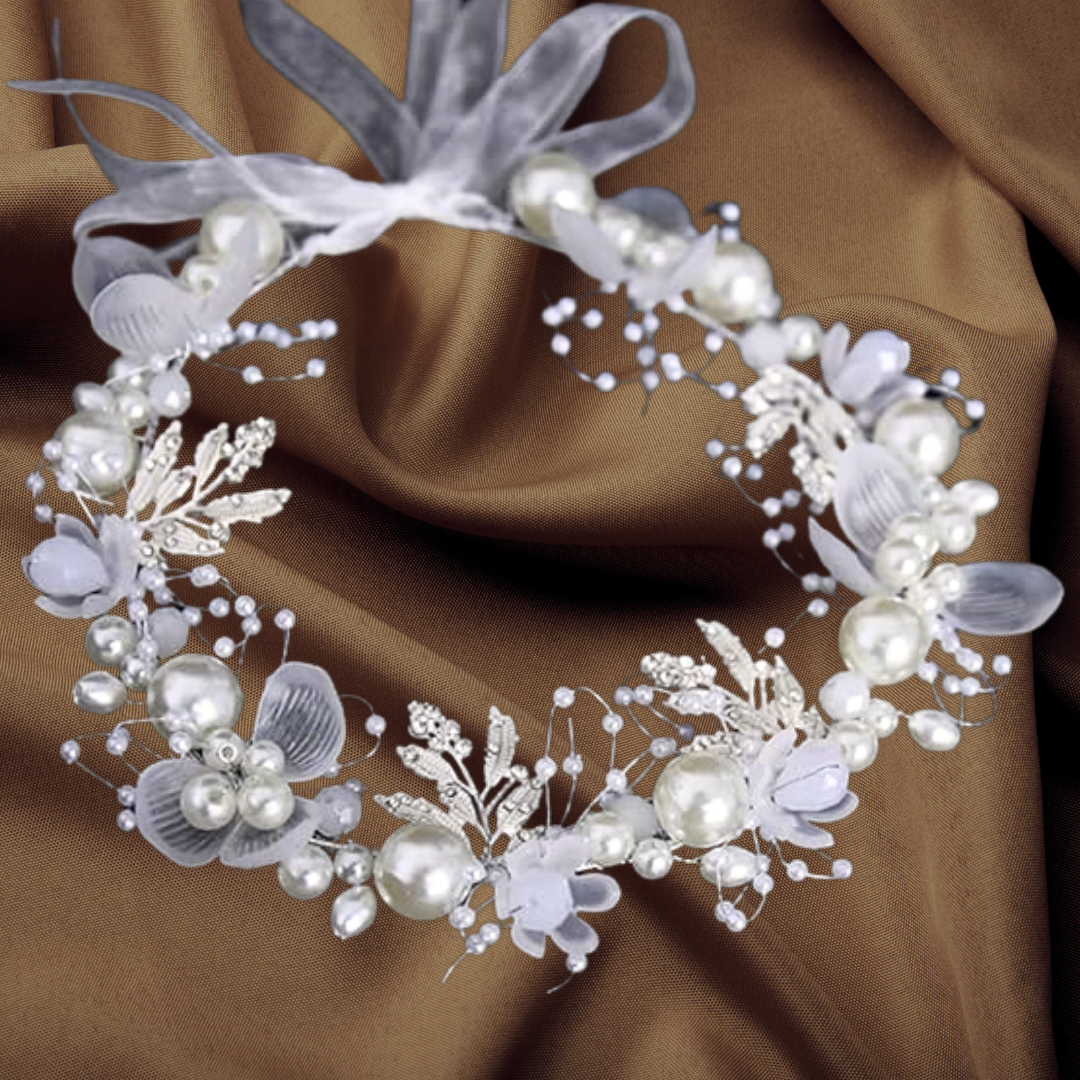 GownLink's  Breathtaking Silver Elegance Bridal Wreath of Luxurious Pearls and Gilded Leaves  W105