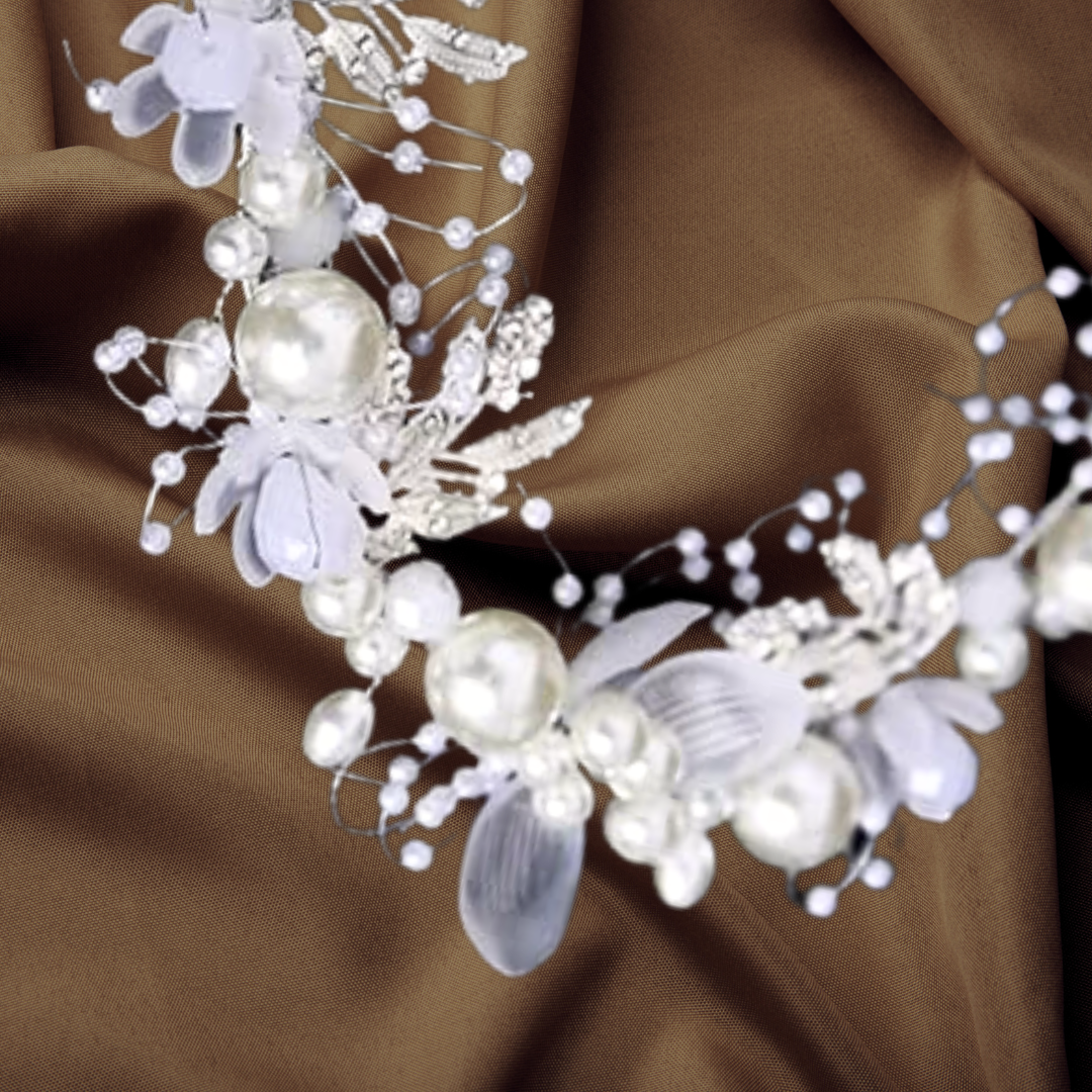 GownLink's  Breathtaking Silver Elegance Bridal Wreath of Luxurious Pearls and Gilded Leaves  W105