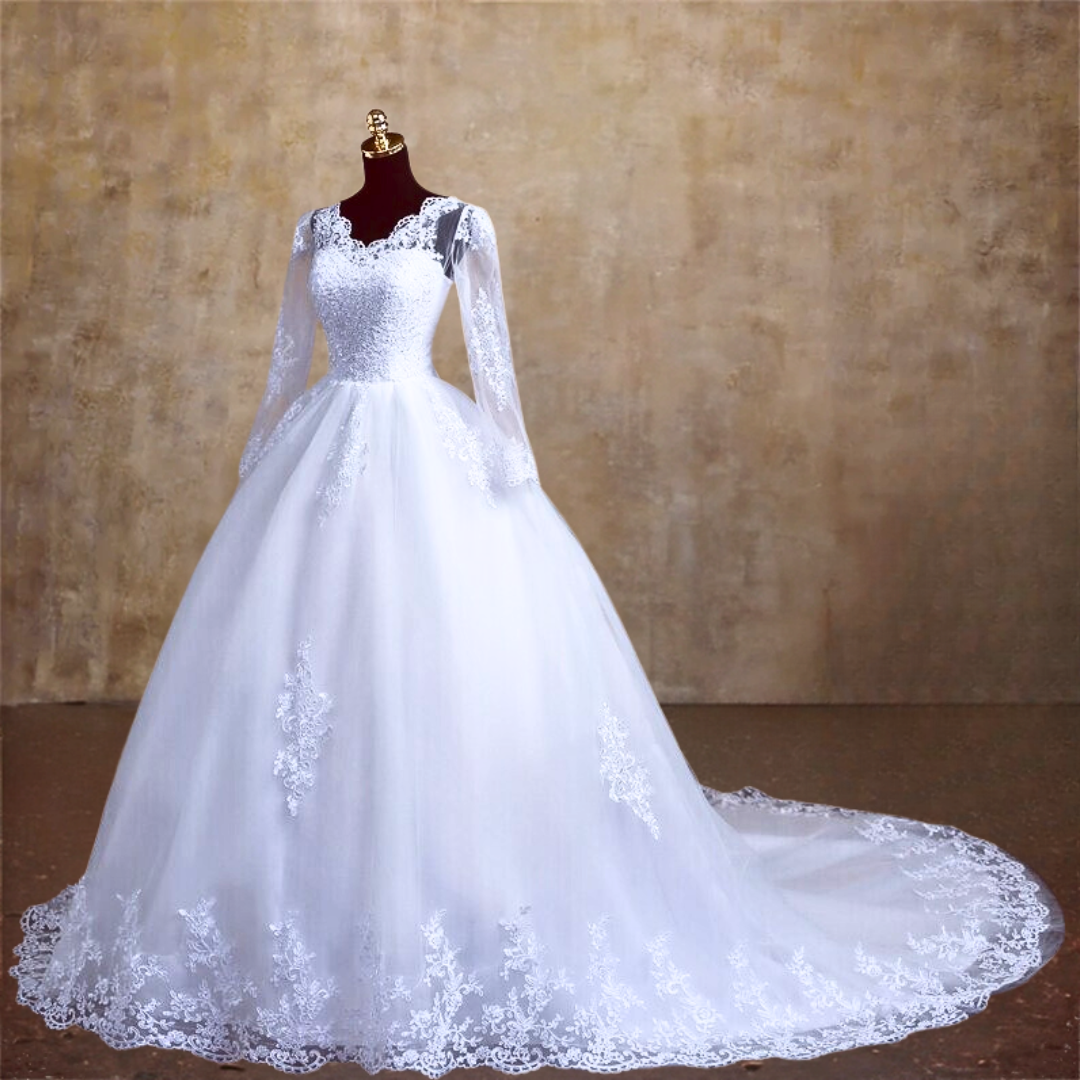 GownLink's Enchanting White Wedding Gown with Lace Bodice and Elegant Train for Christian & Catholic Weddings