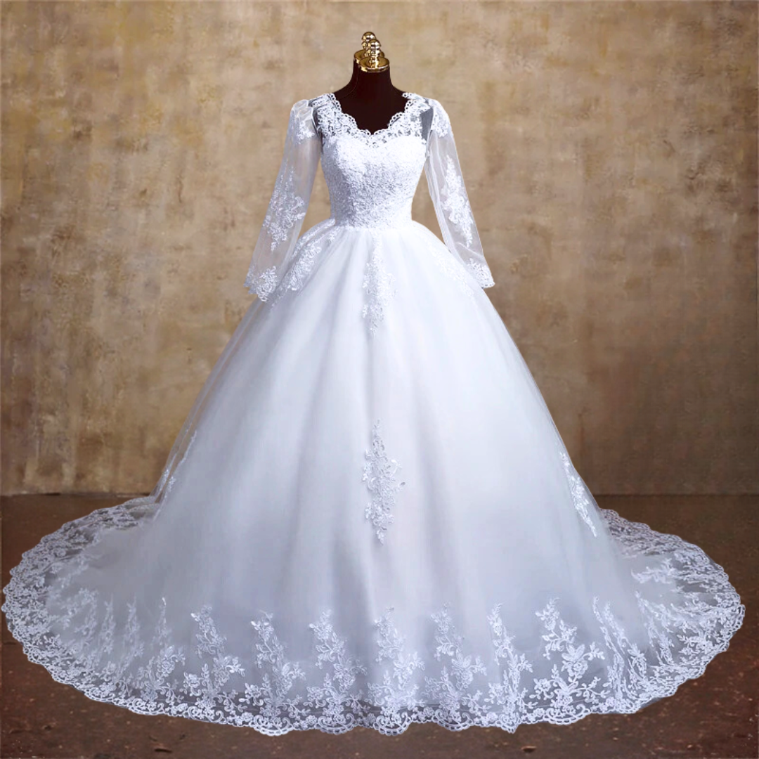 GownLink's Enchanting White Wedding Gown with Lace Bodice and Elegant Train for Christian & Catholic Weddings